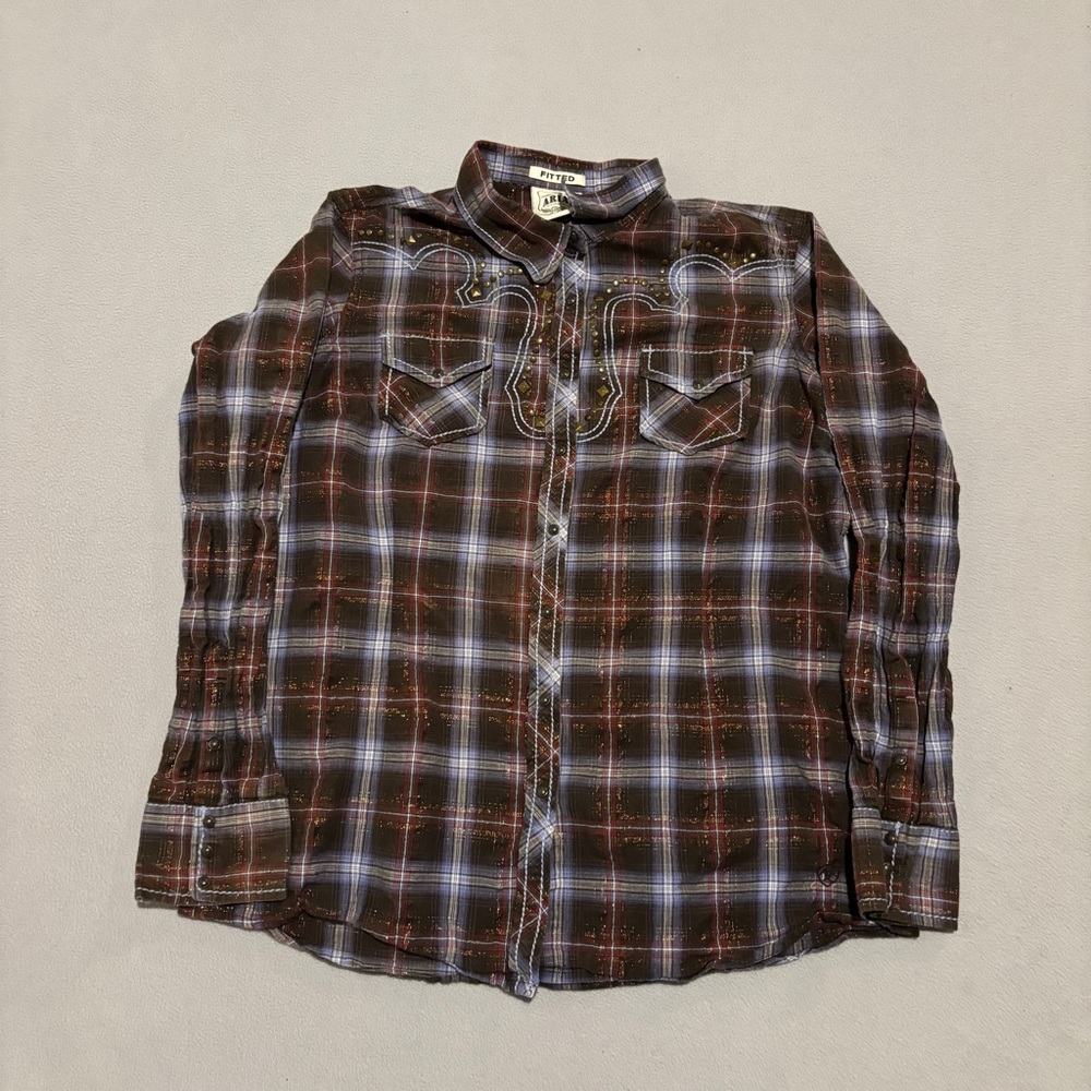 Ariat Shirt Women's XL Plaid Fitted‎ Glitter Snap Button Cowboy Western  Rodeo
